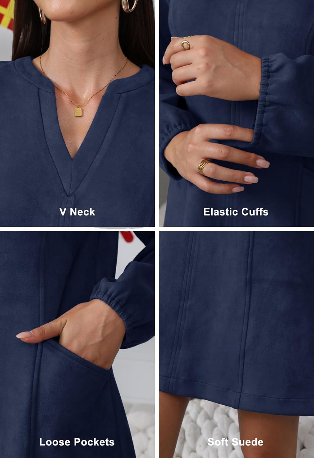 Jayscreate Women's A-line Suede Mini Dress Pocket Elegant 2025 Spring Fall Winter V Neck Long Sleeve Short Dress - Image 7