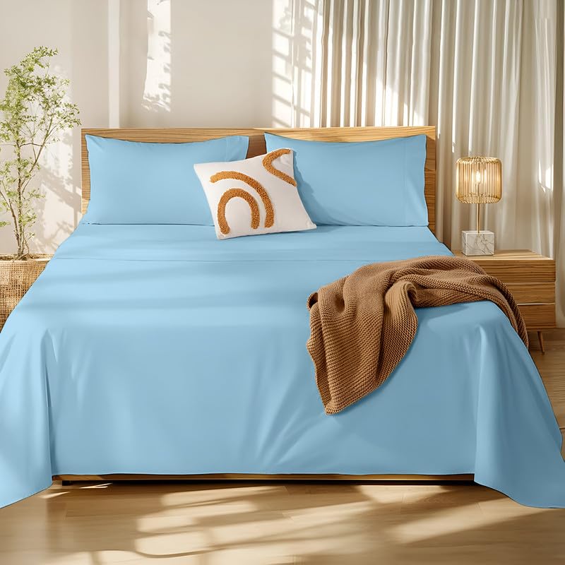 Image of Microfiber King Bed Sheet - Solid Color, Ultra-Soft Bedsheet for Bedroom, Lightweight Plain Bedsheet for King Bed 102x108 Inch, Sky Blue