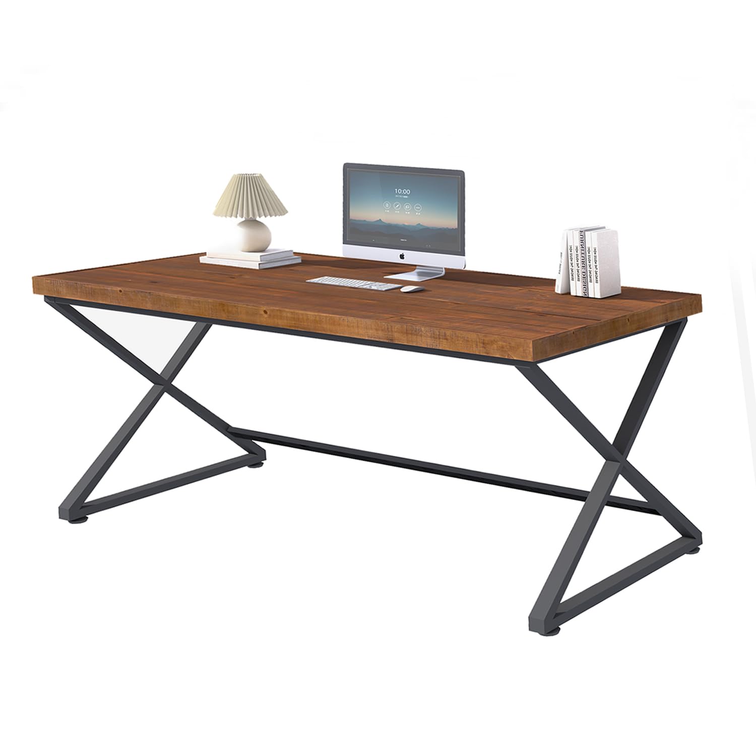 IBF Escritorio de madera maciza, 140 cm, mesa de ordenador con estructura de metal, rústico, para oficina, salón, dormitorio, estudio, marrón