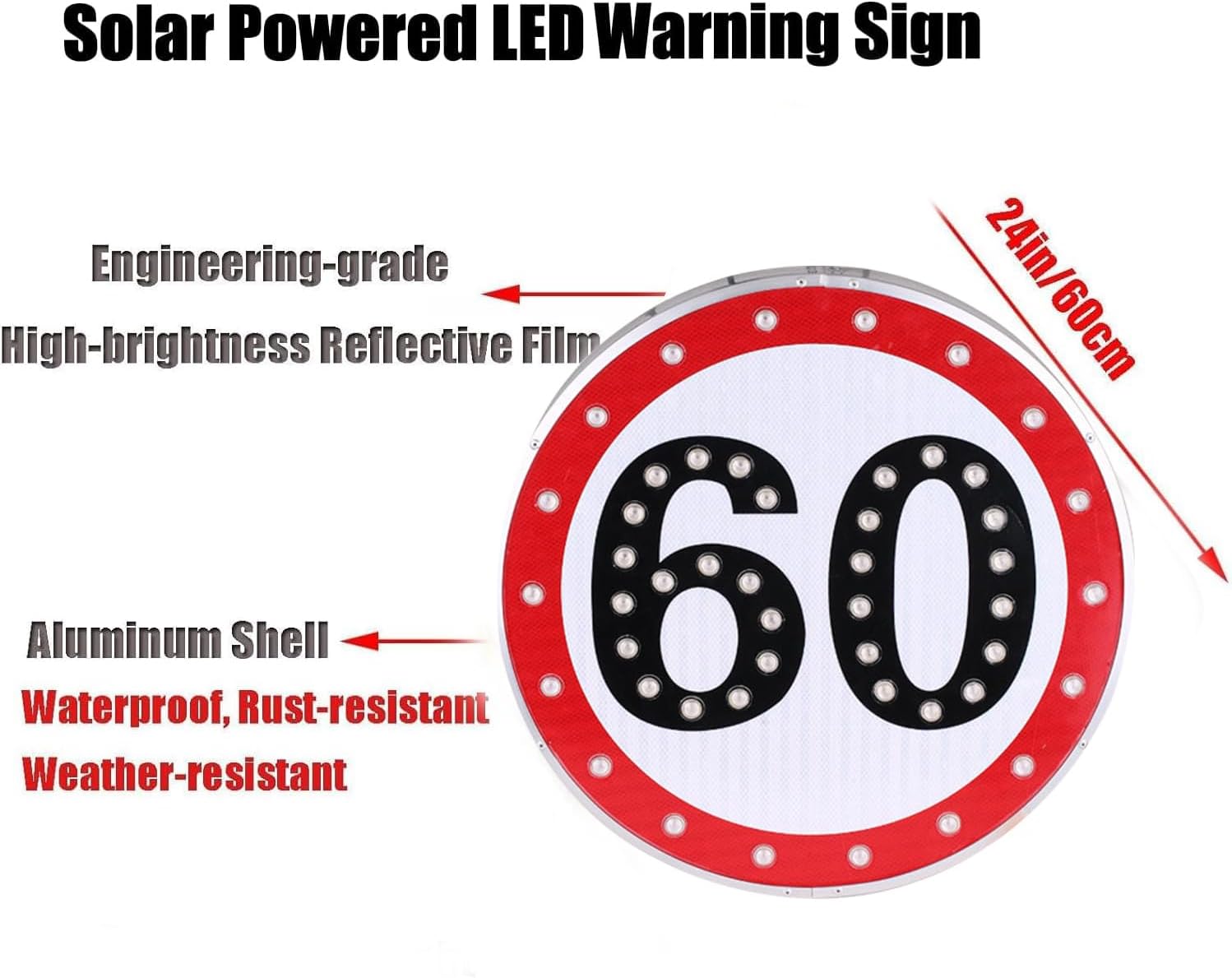 24" LED Flashing Solar Powered Speed Limit 20/30/40/50/60/80 Sign Sign in Traffic Road Highway (60)