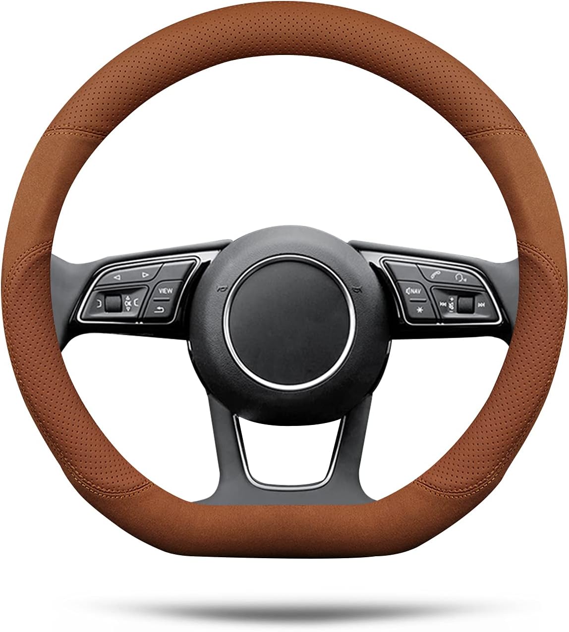 Ergocar D-Shaped Sport Microfiber PU Leather & Suede Material Car Steering Wheel Cover Non-Slip Car Steering Wheel Protector Universal for D-Shaped Diameter 38cm(15") (Brown)