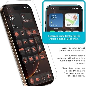Tech Armor Screen Protector for iPhone 16 Pro Max, Ballistic Glass, 3-Pack