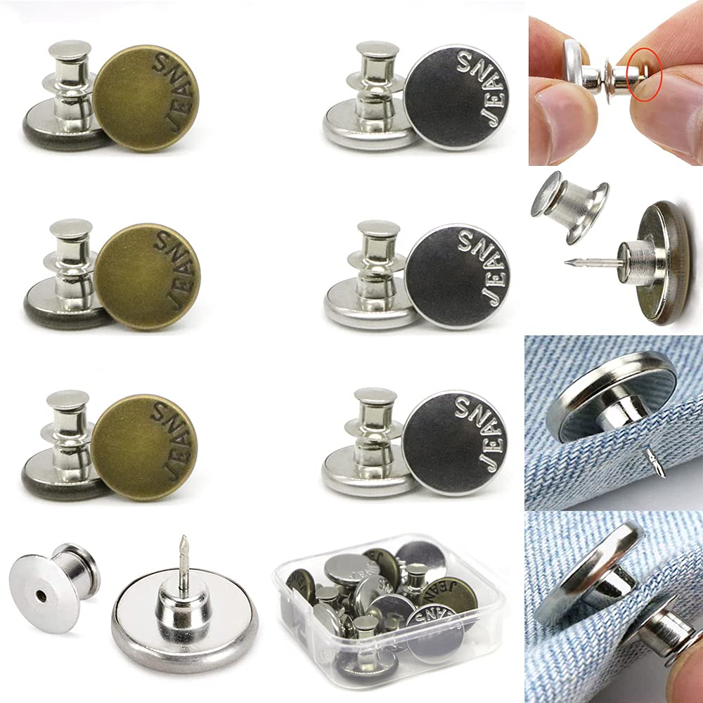 [Upgraded] 12 Sets Button Pins for Jeans, 2 Styles Perfect Fit jean