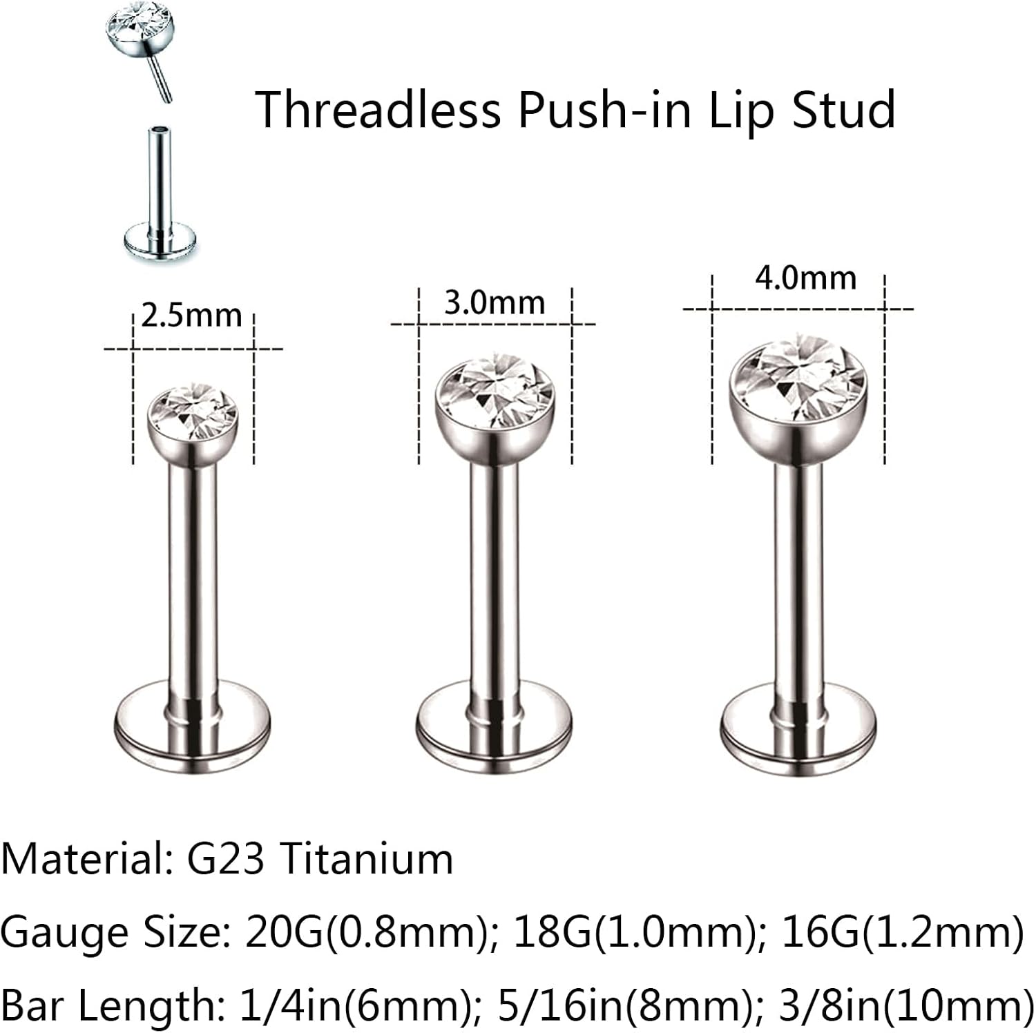 G23 Titanium Press Fit Threadless Push Pop Prong/Bezel CZ Top Flat Back Piercing Lip Stud Earring Labret Monroe Ring Tragus Cartilage