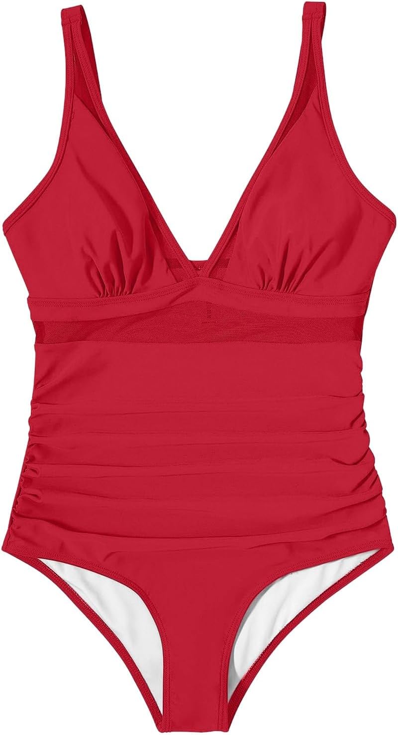Womens One Piece Swimsuit Sexy Mesh V Neck Bathing Suits Ruched Tummy Control Monokini Fashion Dressy Swimwear