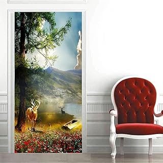 YANCONG 3D Sticker De Porte Trompe Loeil Fenetre Effect Elk sous Les Pins Champ De Pavot Et Montagnes Papier Peint Autocol...