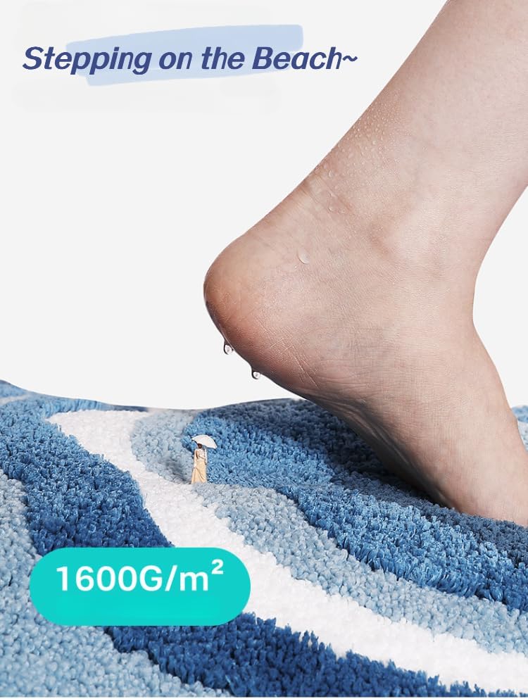 Cute Funky Bath Mats for Coastal Beach Nautical Themed Decor, Moss Bathroom Rugs， Blue Wave Rug Ocean Rug，Non-Slip Soft Plush Shaggy Bath Carpet