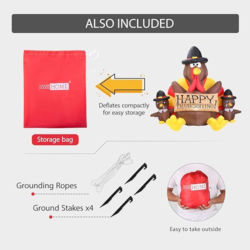 Miniatura 4 de VIVOHOME - Decoración de jardín inflable de 6 pies, figura de familia de pavos con iluminación LED para el día de Acción de Gracias