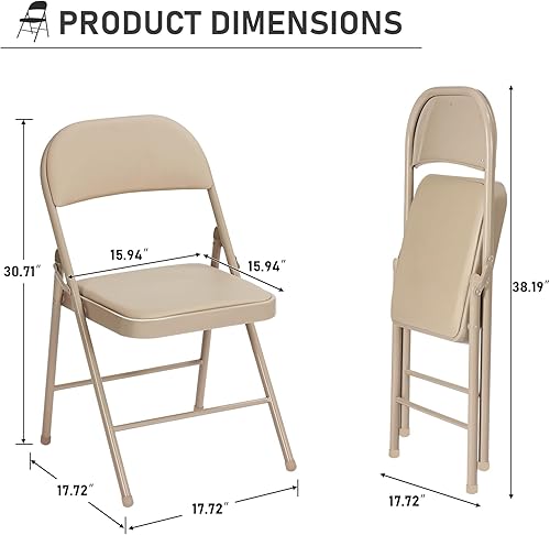 Miniatura 3 de Paquete de 4 sillas plegables color caqui con cojín acolchado y respaldo para exteriores, sillas plegables comerciales apilables portátiles con
