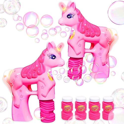 Juego de dos pistolas de burbujas de unicornio para recuerdos de fiesta, diseño sin sonido, apto para padres, 4 repuestos de burbujas y baterías