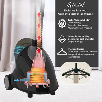 SALAV Standing Garment Steamer with Roll Wheels for Easy Movement, 1.8L Water Tank for 1 Hour Continuous Steaming, Adjustable Pole for Storage, 1500 watts (Black) and Accessories Pack