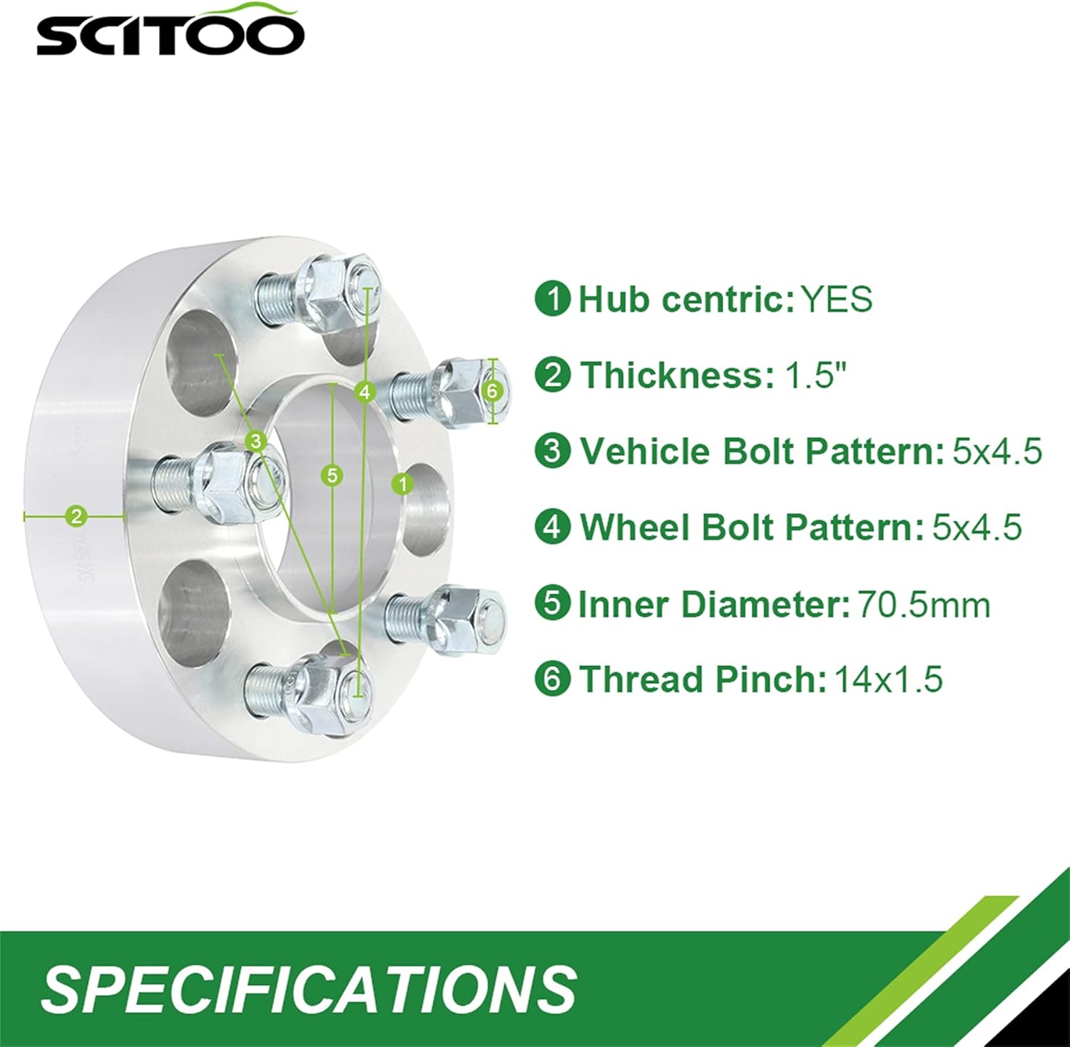 SCITOO 4PCS 1.5" 5 Lug Hubcentric Wheel spacers 5x4.5 to 5x4.5 5x114.3mm Wheel Spacers 14x1.5 Studs 70.5mm Compatible with 2015-2020 for Mustang