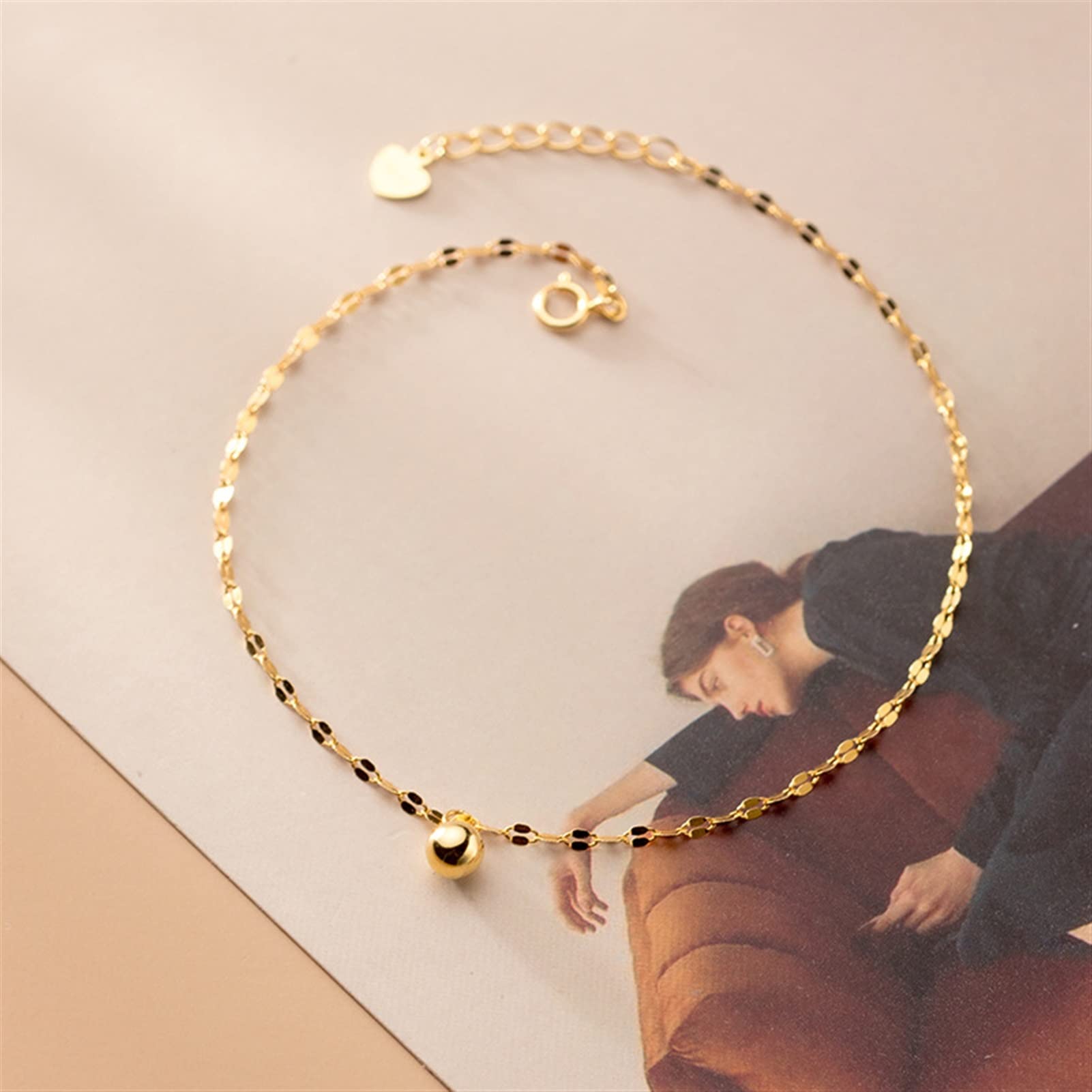 Fußkettchen Fußkettchen für Damen, 925er Sterlingsilber, goldene glänzende Perlen, Fußkettchen für Damen, Strandparty, Fußschmuck, Zubehör, Damen-Fußkettchen (Farbe: B)