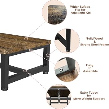 Wooden Step Stool for Kids and Adults, Heavy Duty Stepping Stools with 300 LB Load Capacity, Foot Step Stool for Bed, Bedroom, Living Room, Bathroom, Kitchen- Rustic Brown & Black