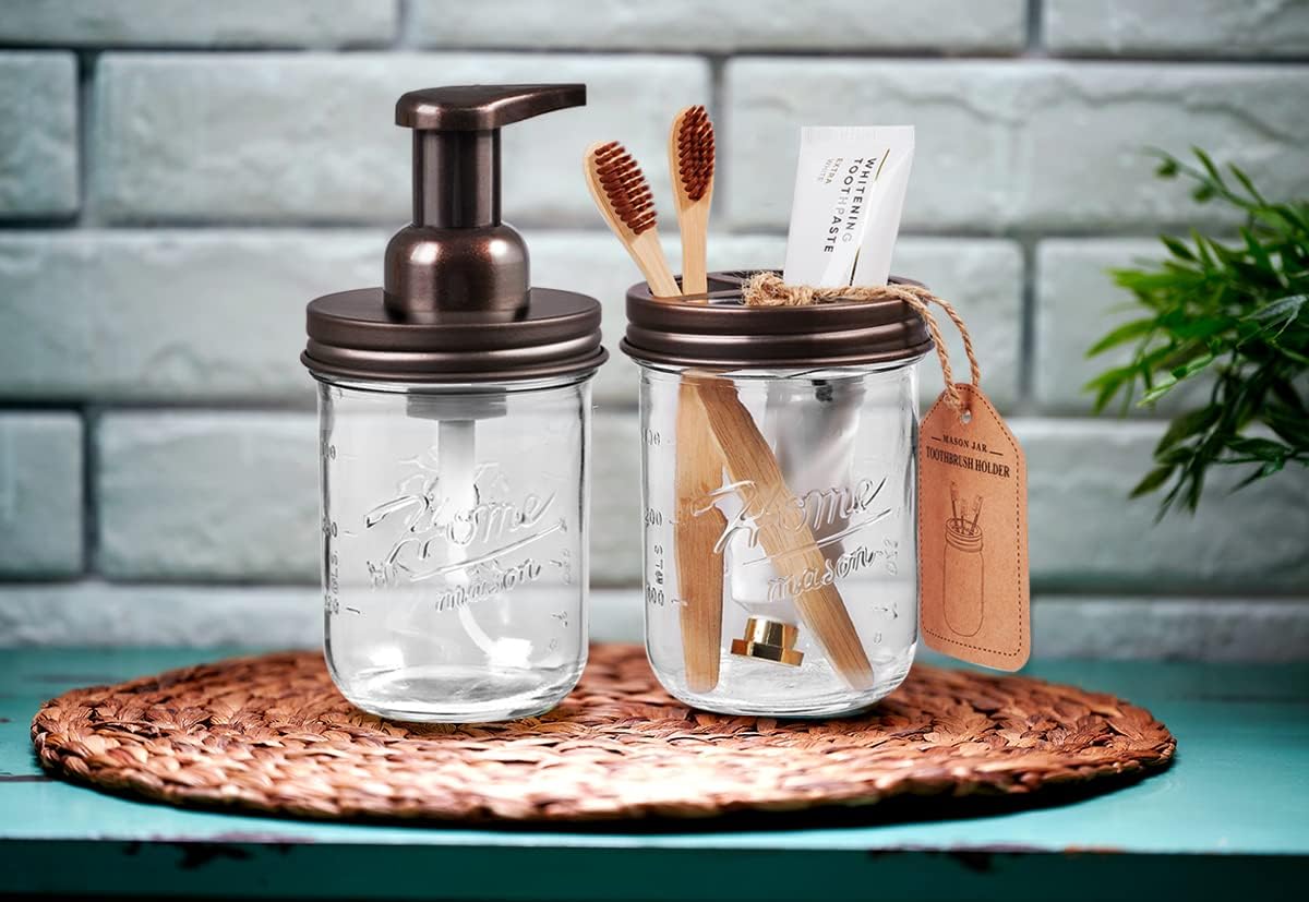 SheeChung Mason Jar Foaming Soap Dispenser, Glass Foaming Hand Soap Dispensers, Stainless Steel Lid, Refillable Foam Soap Dispenser for Bathroom Kitchen, Farmhouse Bathroom Decor (2 Pack, Bronze) - Image 8