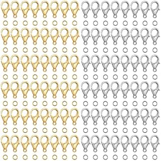 Grevosea 200pcs Lobster Claw Clasps with 400pcs Open Jump Rings, 12mm Alloy Lobster Clasps Kit Gold and Sliver Curved Lobster Clasp for Jewelry Making Necklace DIY Craft Accessories