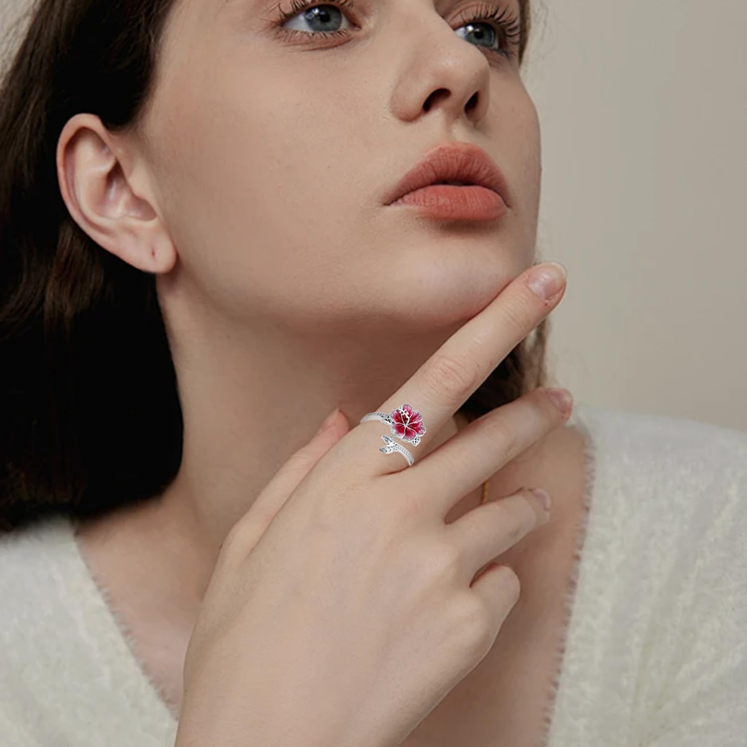 Hibiscus Ring – Hawaiian Flower Ring with Open Adjustable Sterling Silver Hibiscus Jewelry for Women, Size 7 - Image 5