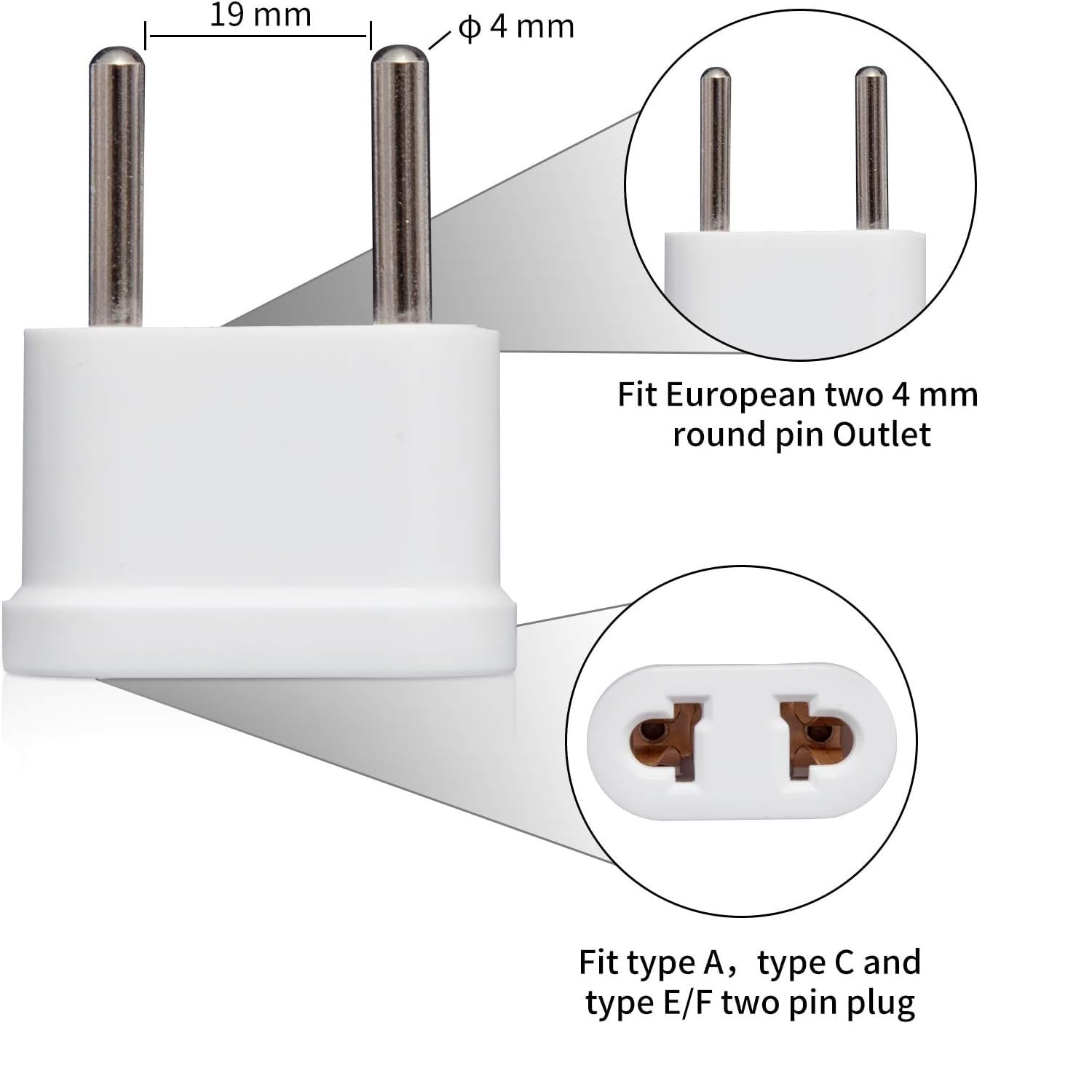 Adaptador de Enchufe de EEUU a Enchufe Europeo, Adaptador de Corriente Americano a Europeo, Enchufe Viaje, 125 ~ 250 V/6 A, potencia máxima a 250 V: 1500W, Blanco, 4 unidades - imagen 7