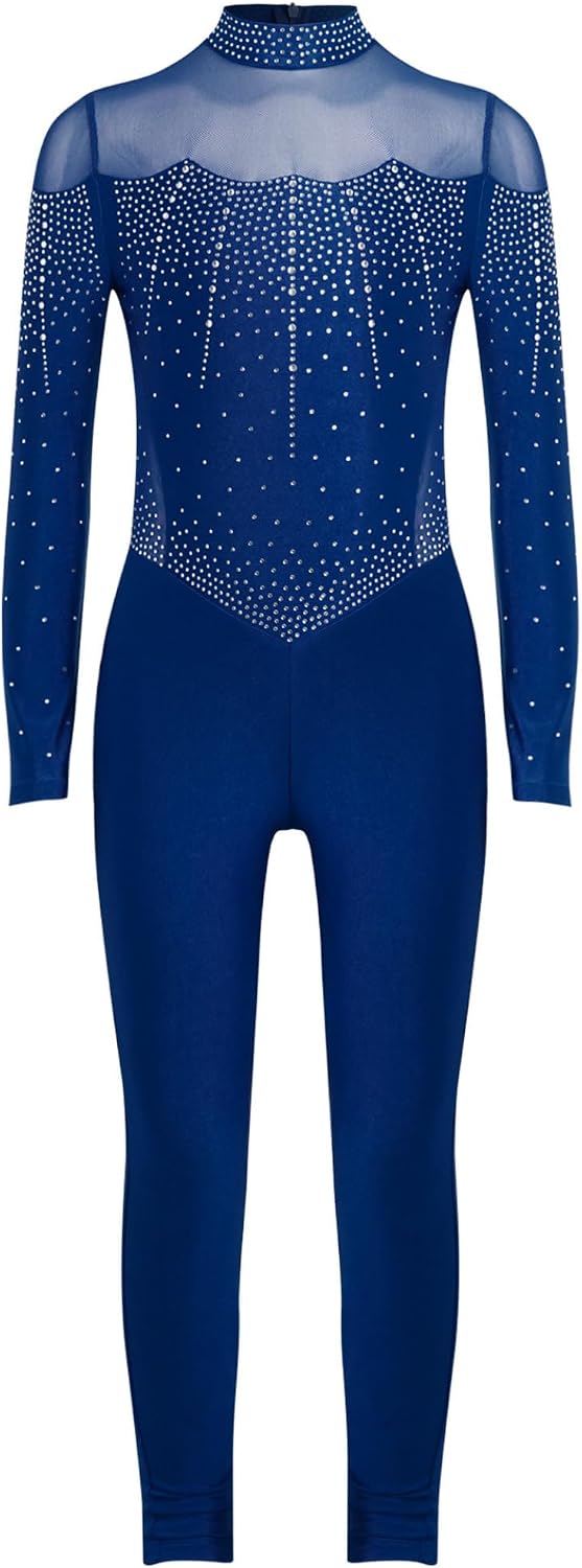 Kids Girls Full Body Unitard Shiny Rhinestone Ballet Dance Gymnastics Leotard Long Sleeve Stretch Catsuit