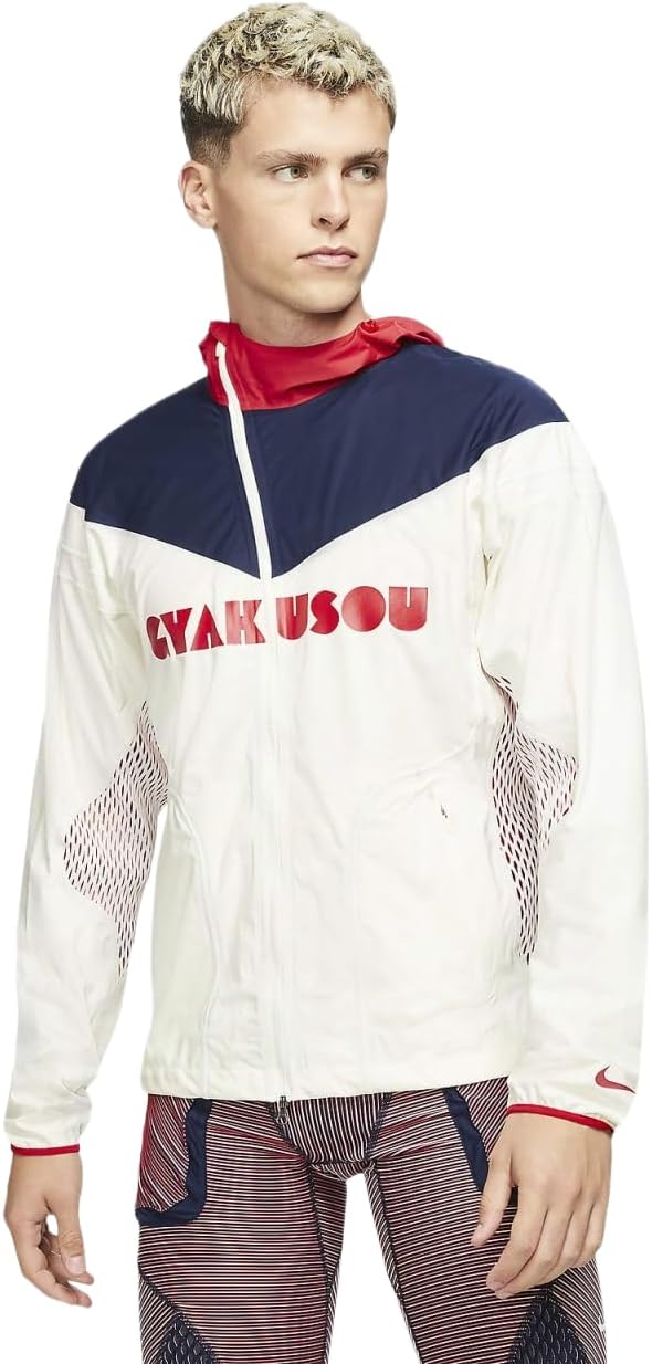 Nike X GYAKUSOU 3-LAYER Men's RUNNING JACKET, SAIL/BLACKENED BLUE/UNIVERSITY RED, Medium