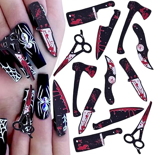 12 dijes de uñas de Halloween para uñas acrílicas, cuchillo de sangre de terror 3D, tijeras, hacha, dijes de Halloween para uñas, cuchillos,