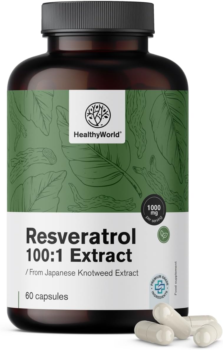 Resveratrol 1000 mg – Vegetable extract 100:1 – 60 capsules – 98% resveratrol – From Japanese knotweed – With piperine – Excellent absorption – High concentration