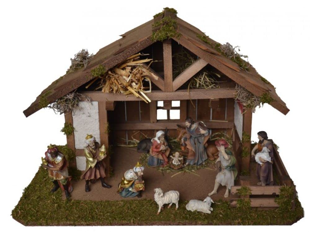 Petite Crèche De Noël En Bois D'Acacia - Figurines En Porcelaine Blanche