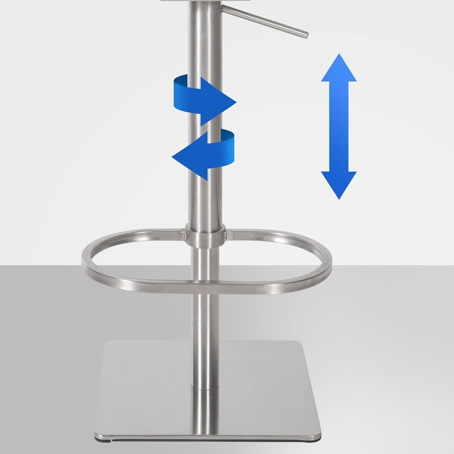 Diagram showing height adjustment and 360-degree swivel functionality of the bar stool
