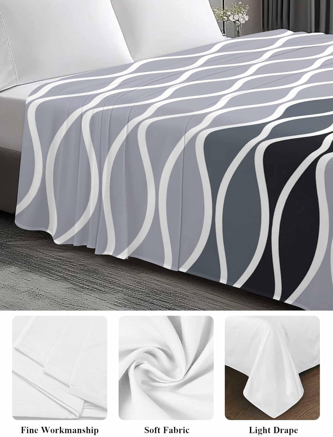 Top Sheet Full Bedding Flat Sheet Only, Moroccan Texture White Wave Stripe Microfiber Bed Sheets Soft Breathable Bedding Flat Sheets, Black Dusty Purple Hotel Luxury Top Sheets
