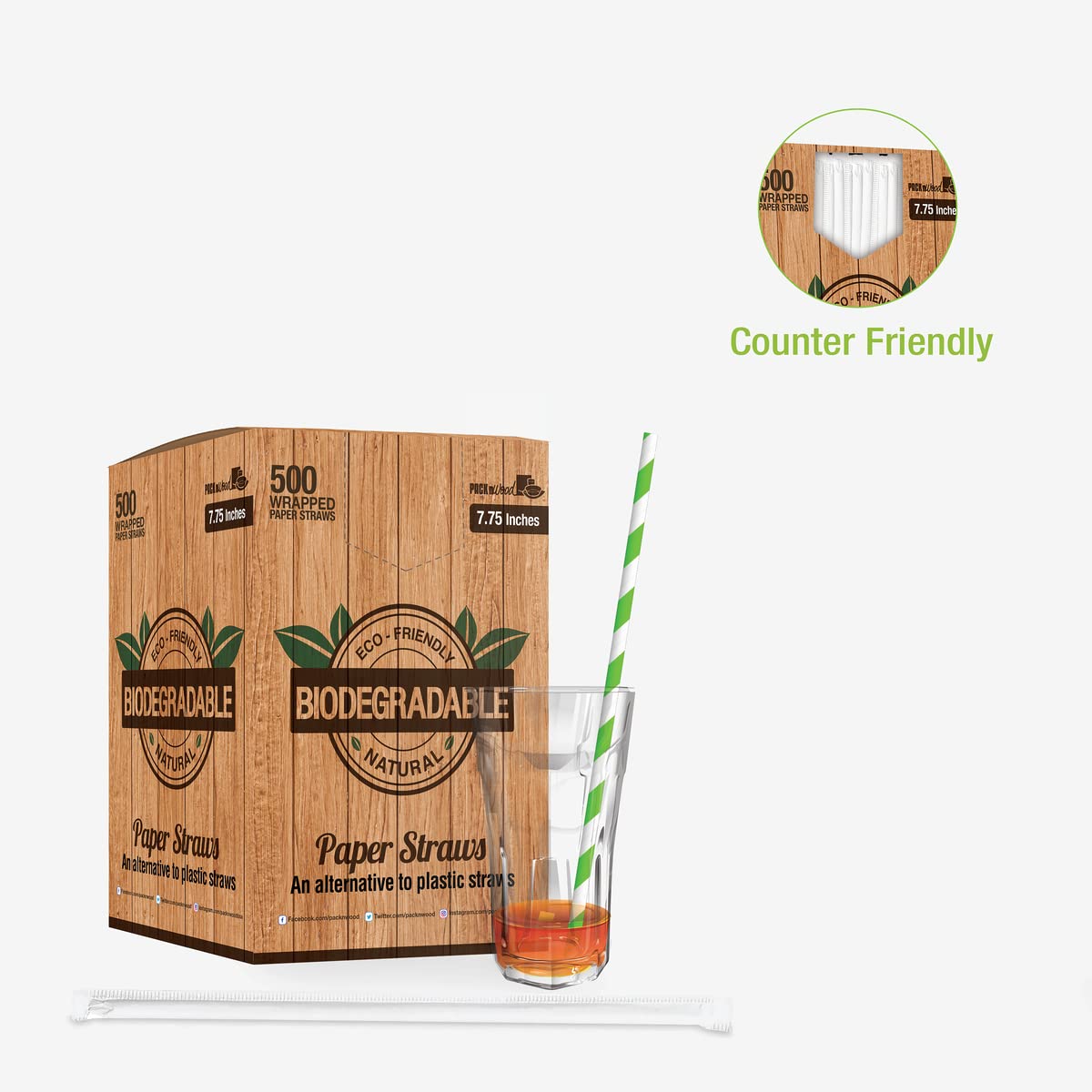 PACKNWOOD 210CHP19EMB-straws drinking green - green and white straws-wrapped green striped straws- biodegradable green stripe straws(0.4 inches)