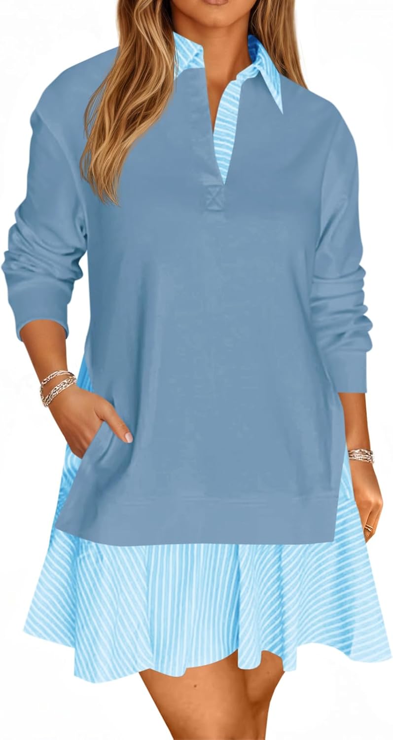 Wenrine Womens Oversized Sweatshirt Dress Casual Long Sleeve Collared V Neck Patchwork Loose Mini Dresses