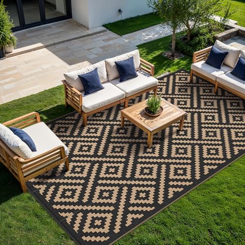 Image of GENIMO Outdoor Rug, Waterproof Plastic Rugs 10'x14' for Camping Black Brown | Outside Larger Modern Carpet Mat for Patio Decor, RV, Porch, Camper, Deck, Picnic, Beach, Backyard, Reversible, Foldable