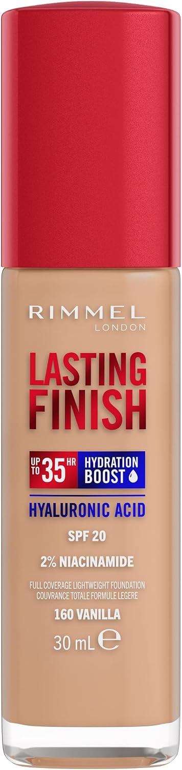 Rimmel London Lasting Finish 35H, 160 Vanilla, fondotinta, lunga tenuta, idratante, formula vegana, alta coprenza, 30ml