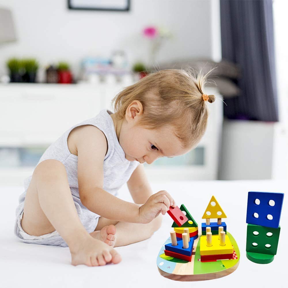 Shopmeaway Puzzle Bois 1 2 3 4 Ans Jouet En Bois Montessori Enfant De Developpement Educatif Pour Bebes Geometriques Forme Stack Tri Et Reconnaissance Couleurs Puzzle En Bois Pour Prescolaire Garcon Fille