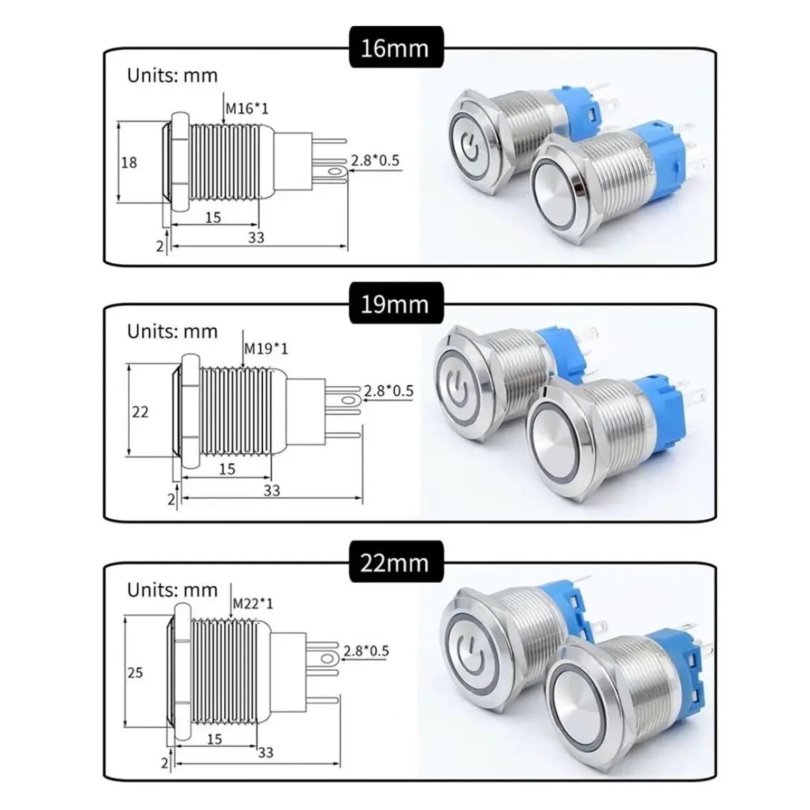 6 szt. 16 mm 19 mm 22 mm metalowy przełącznik przyciskowy chwilowy/zatrzaskowy płaski głowica LED światło czerwony żółty niebieski zielony biały (niebieski 1,22 mm, blokujący)