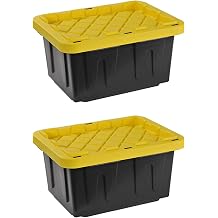 Juggernaut Storage Multipurpose 5 Gallon Lockable Plastic Storage Tote with Secure Snap Fitting Lid for Home Organization, Black/Yellow Set of 2