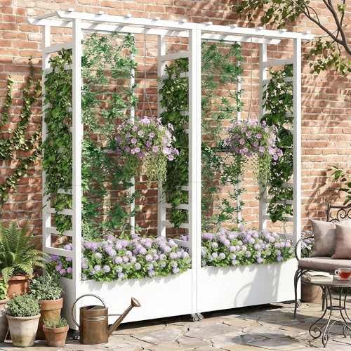 Jardinera elevada con enrejado y techo colgante, jardinera metálica resistente a la intemperie con 4 ruedas y 2 enrejados laterales para plantas trepadoras, mampara divisoria móvil para exteriores.