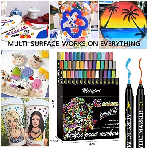 Melifluo Acrylic Paint Pens,42 Colours Dual Tip Brush Paint Marker Pens for Rock Painting, Stone, Ceramic, Glass, Wood, Fabric, Canvas, Porcelain