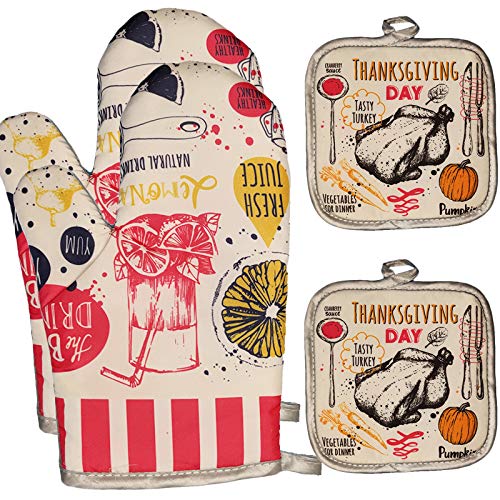 Fstiko Fresh Fruit Juice Oven Mitts And Pot Holders Sets 4 Pieces, Hot Pads Cotton Quilted Kitchen Mittens Bbq Gloves With Potholders Kitchen Microwave Gloves For Baking Cooking Grilling #TOP10
