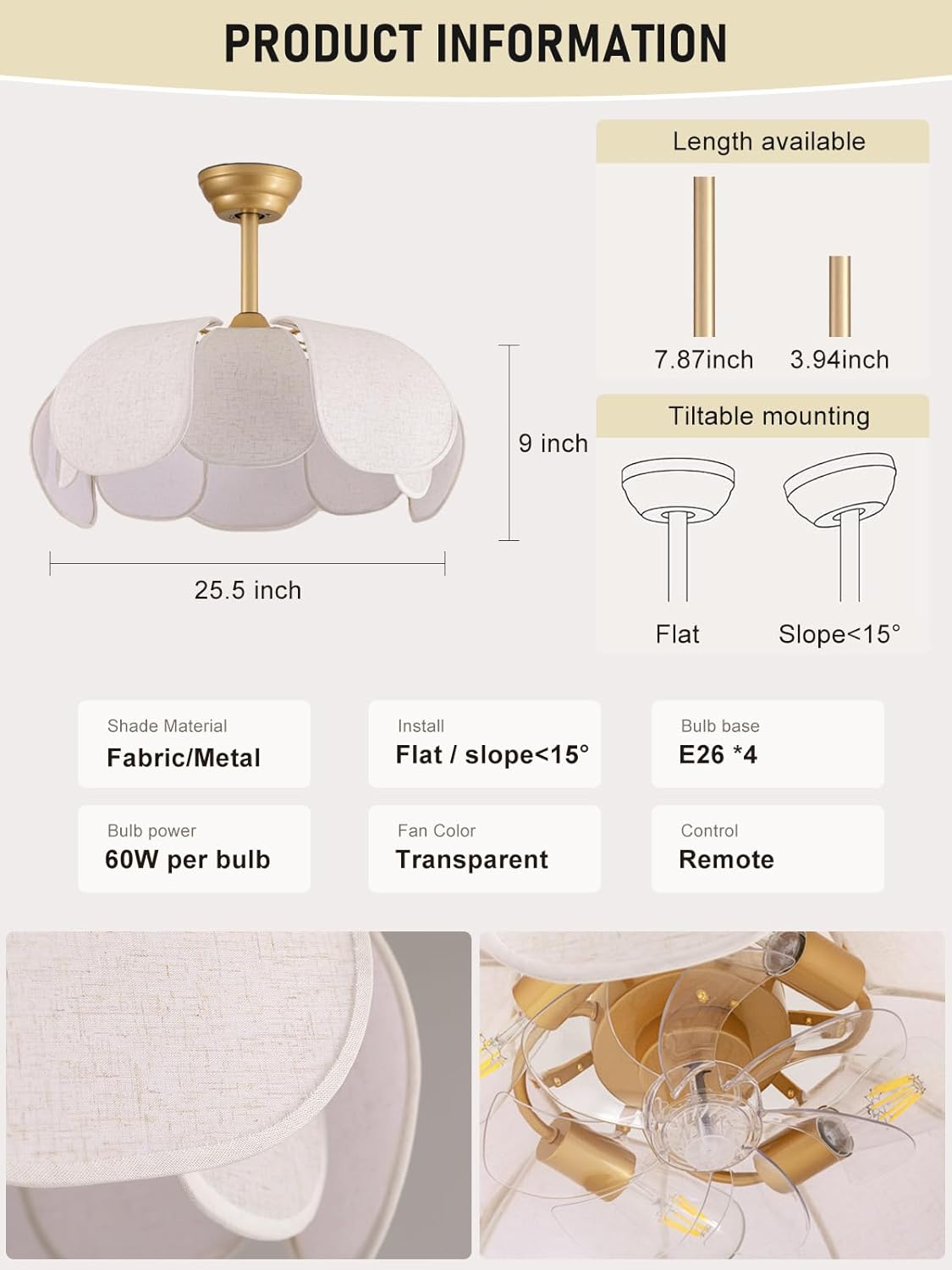 Boho Ceiling Fans with Lights,Flower Chandelier Ceiling Fan with Light and Remote Control，Coastal Fandelier for Bedroom, Living Room,Kitchen,Foyer(26 Inch,6 Speed, Timing Adjustable Height)