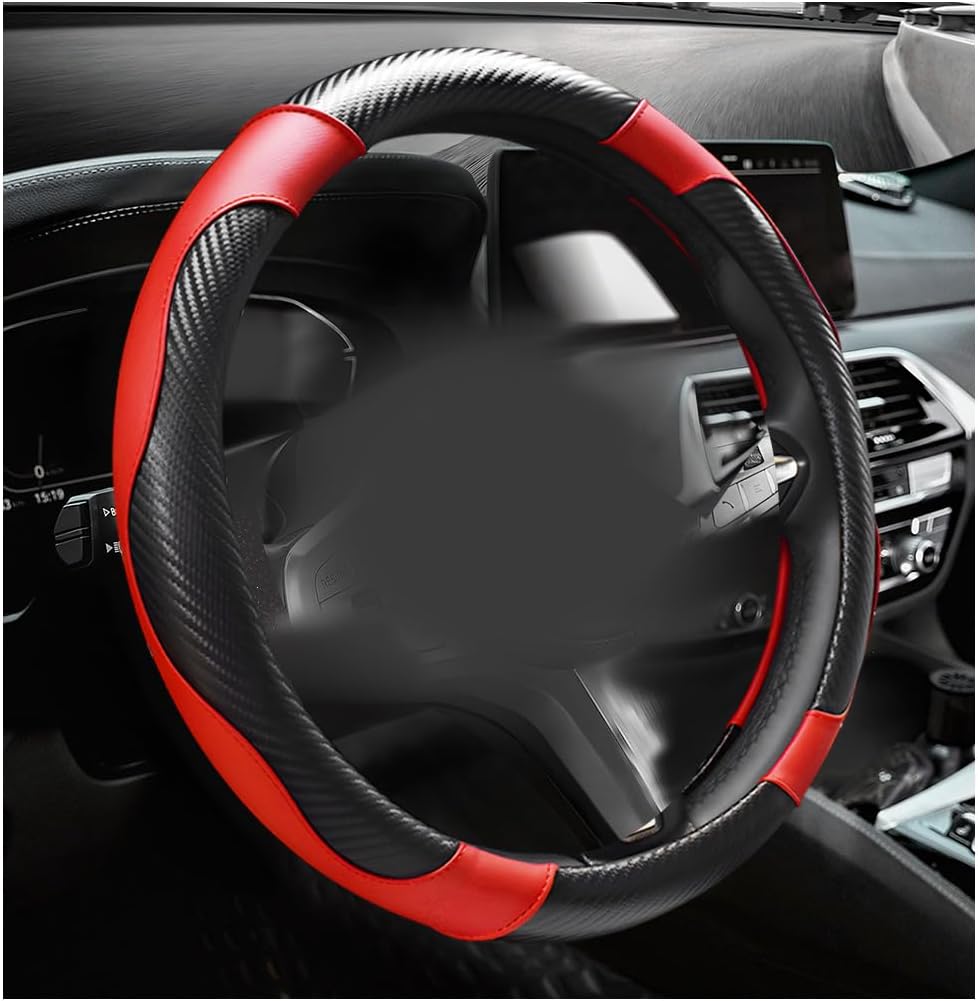 Car Steering Wheel Cover, 15 Inch Carbon Fiber Elastic Vehicle Steering Wheel Protector, Breathable Leather Auto Wheel Covers for Women Men, Interior Car Accessories (Black & Red)
