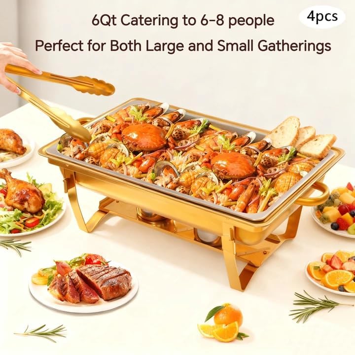 Miniatura 3 de Platos para bufé, 4 unidades, 6.5 cuartos de galón, juego de platos cuadrados de acero inoxidable dorado de 6.5 cuartos de galón, servidores de bufé