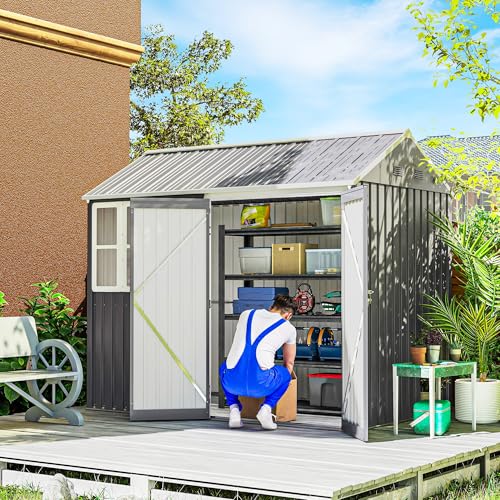 Outsunny 8' x 5.5' Outdoor Storage Shed, Metal Garden Shed with Window & Double Lockable Door, Outdoor Tool Shed Storage with Sloped Roof for Backyard, Patio, Garage, Lawn, Gray