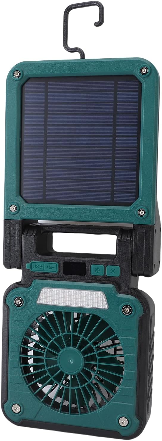 Solar Camping Fan with LED Light Rechargeable Solar Powered Fan 3 Wind Speeds 5 Lighting Modes for Tent Hiking Emergency ABS 4000mAh Battery