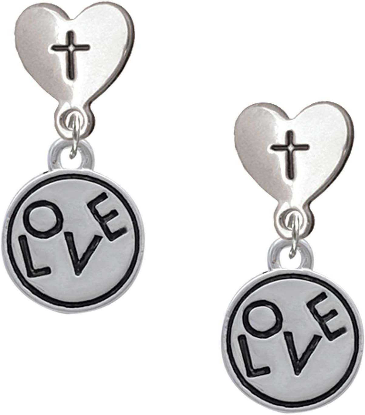 Delight Jewelry Silvertone Message in Circle Cross in Heart Post Dangle Earrings