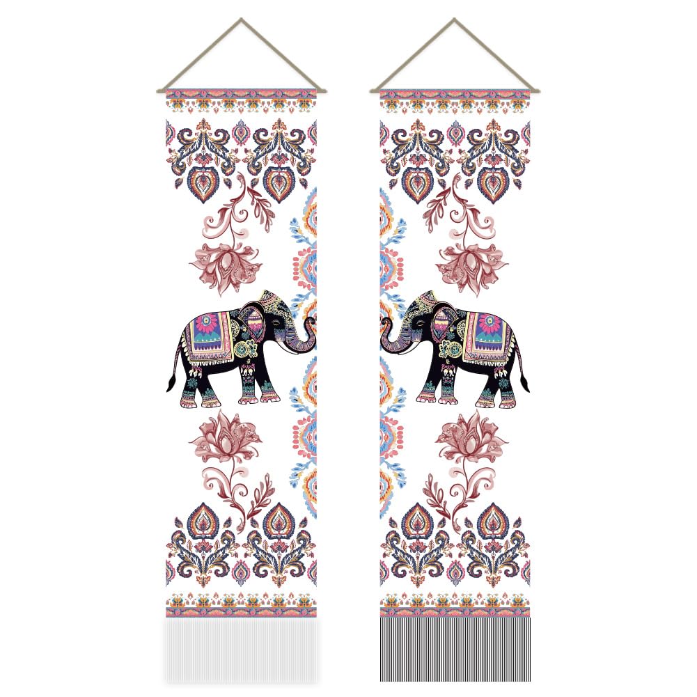 AHANDMAKER 2Pcs India Elephant Tapestry, Traditional Jaipur Elephant Vertical Tapestry Wall Hanging, Good Luck Tassel Wall Tapestry for the Living Room, Wall Art, Wall Decor Entry(45.7x13 Inch)