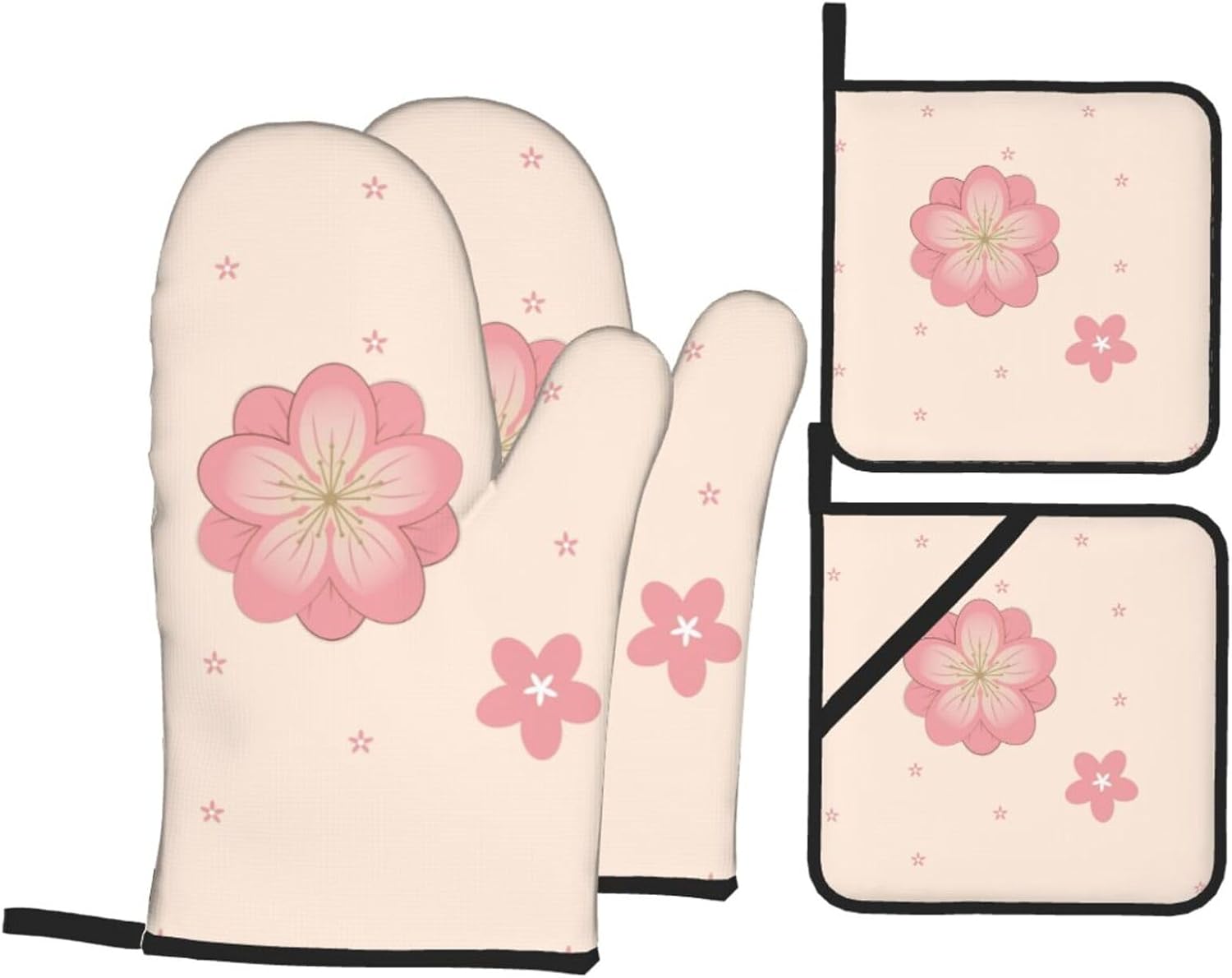 Little pink cherry blossoms Oven gloves and heat-resistant mat 4-piece set. Suitable for grilling, microwave oven frying, and baking
