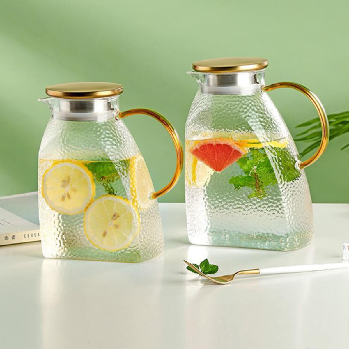 Glass Water Pitcher 1500ml with Lid, Stainless Steel Handle