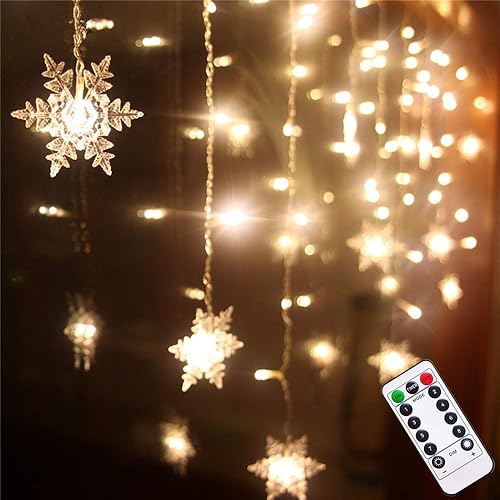 Cortina de copo de nieve blanco cálido de Navidad, decoración de fiesta en el hogar, luces de hadas, 16 copos de nieve, 80 mini LED, 9.85 pies,