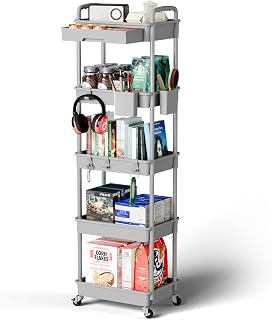 5 Tier Rolling Cart Organizer,Bathroom Cart Organizers with Wheels Laundry Room Organization Mobile Shelving Unit Utility Cart Storage Shelves Multi-Functional for Office, Home(Grey)
